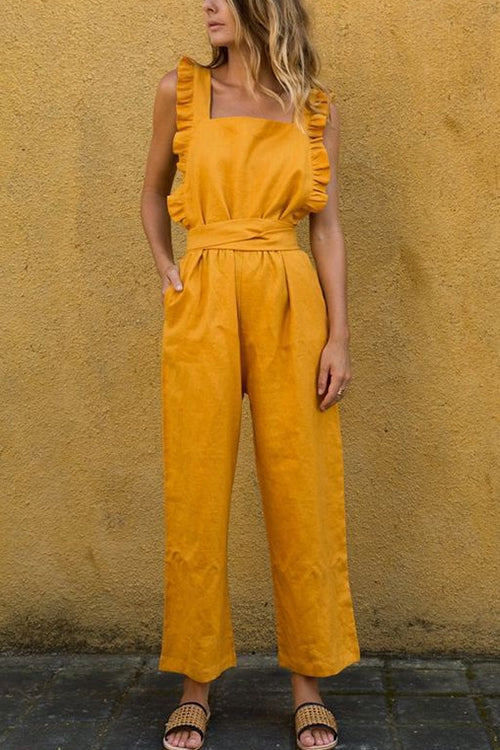 Mixiedress Solid Square Neck Ruffle Sleeveless Jumpsuit