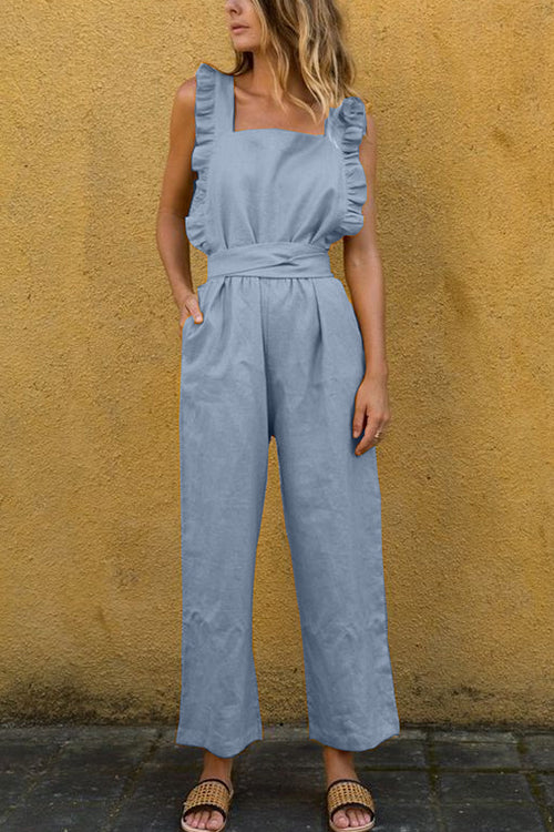 Mixiedress Solid Square Neck Ruffle Sleeveless Jumpsuit