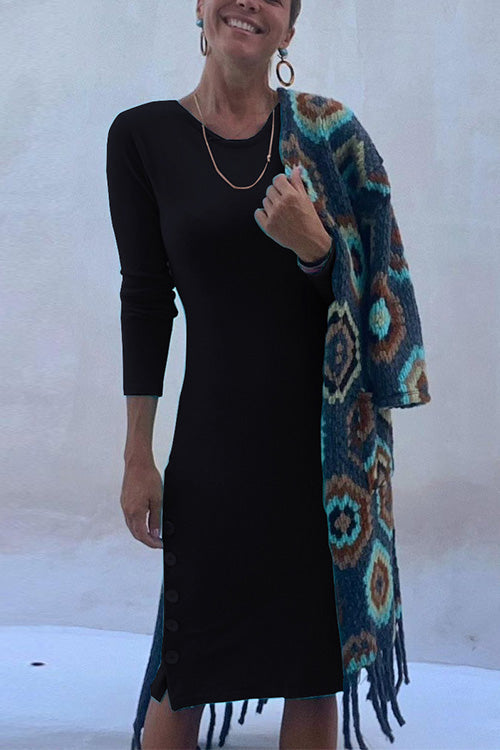 Mixiedress Crewneck Long Sleeve Buttons T-shirt Dress