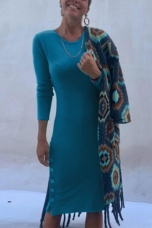 Mixiedress Crewneck Long Sleeve Buttons T-shirt Dress