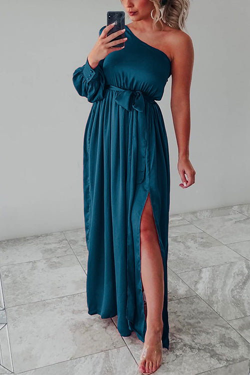 Mixiedress Stylish One Shoulder Tie Waist Side Split Satin Dress