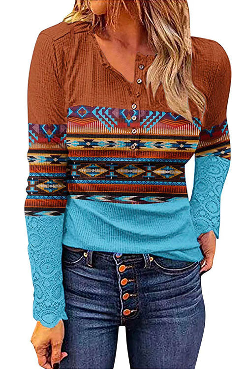 Mixiedress V Neck Buttons Printed Bottoming Shirt