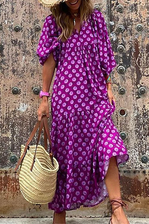 Mixiedress Puff Sleeve Geometry Printed Swing Dress