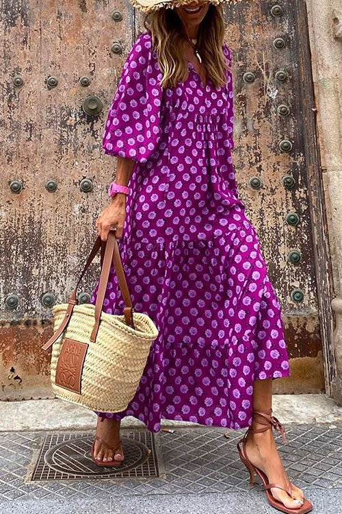 Mixiedress Puff Sleeve Geometry Printed Swing Dress