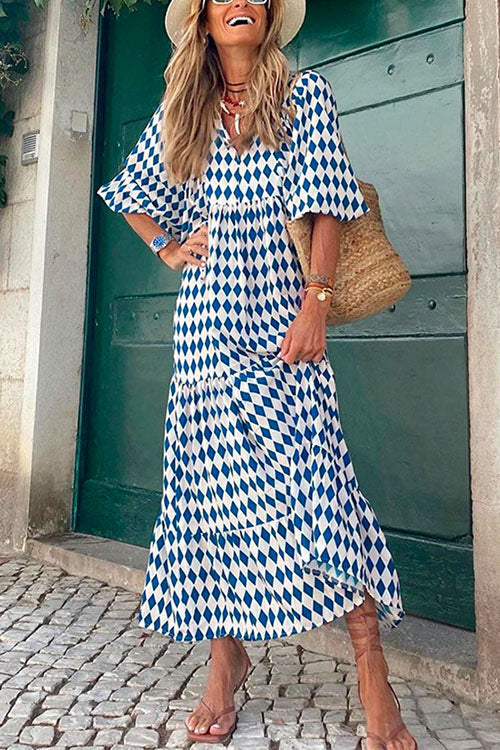 Mixiedress Puff Sleeve Geometry Printed Swing Dress