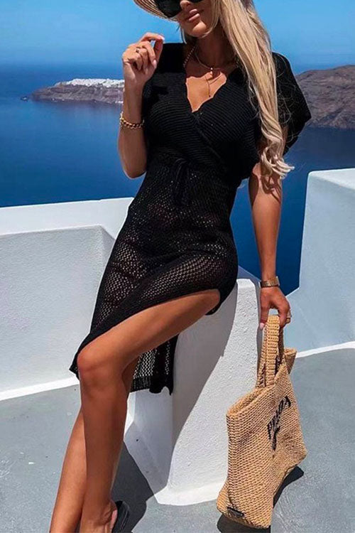 Mixiedress Wrap V Neck Tie Waist Side Split Cover Up Dress