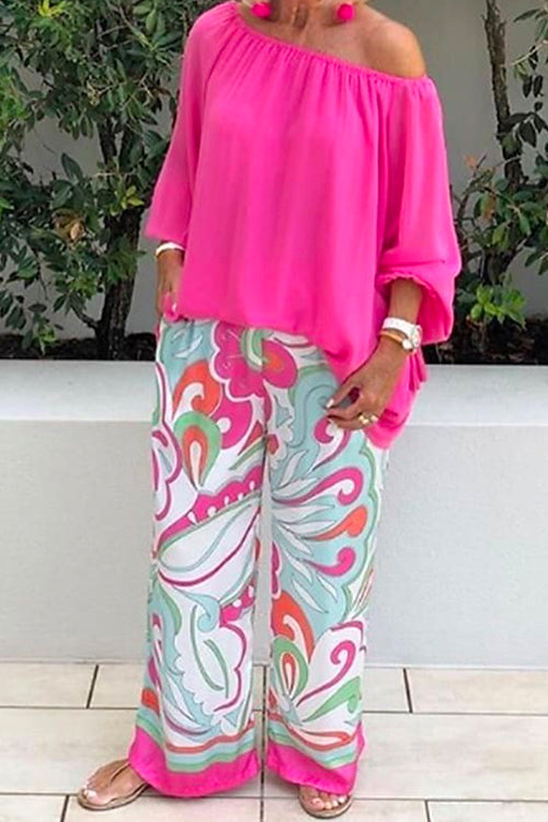 Mixiedress Crewneck Long Sleeve T-shirt and Wide Leg Printed Pants Set