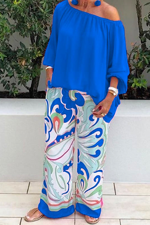 Mixiedress Crewneck Long Sleeve T-shirt and Wide Leg Printed Pants Set