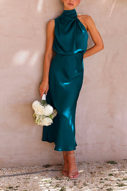 Mixiedress Stylish Halter Sleeveless Waisted Satin Party Dress