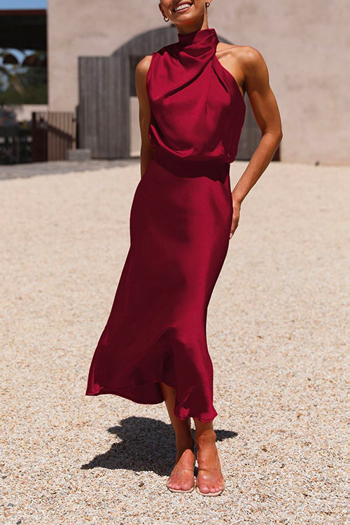 Mixiedress Stylish Halter Sleeveless Waisted Satin Party Dress