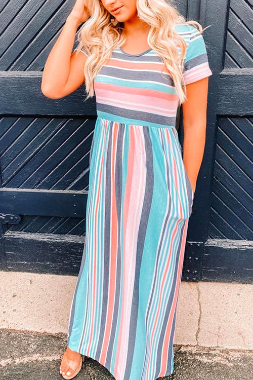 Mixiedress Color Block Stripes Waisted Maxi Dress