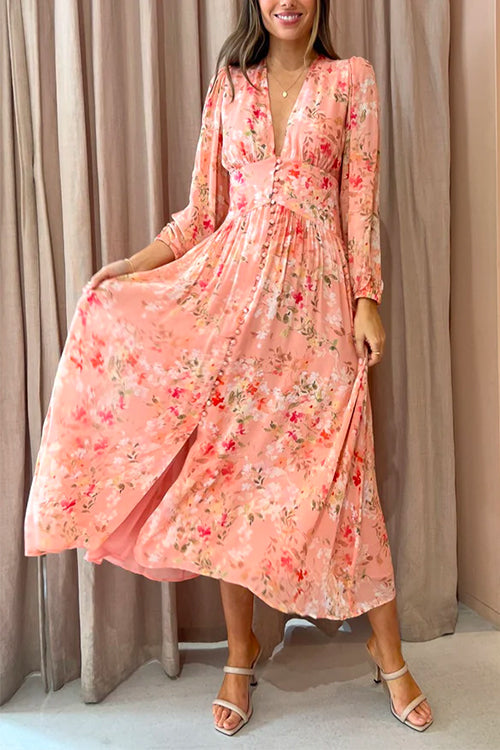 Mixiedress V Neck Button Up Waisted Floral Midi Swing Dress