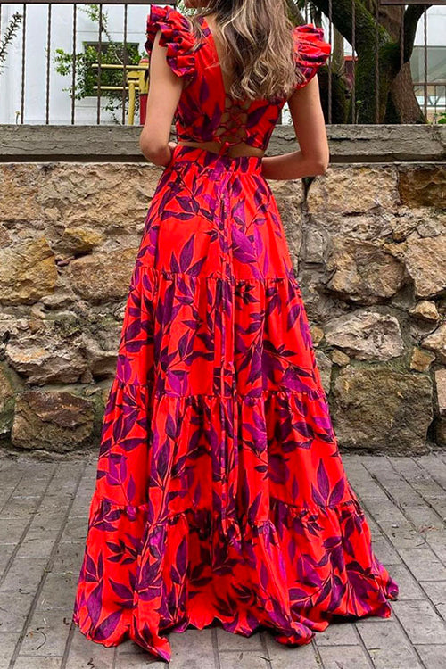 Mixiedress Flounce Sleeves Back Lace Up Printed Tiered Maxi Dress