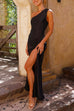 Mixiedress Sleeveless One Shoulder Slit Satin Maxi Dress
