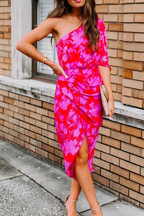 Mixiedress Casual One Shoulder Printed Tulip Hem Dress