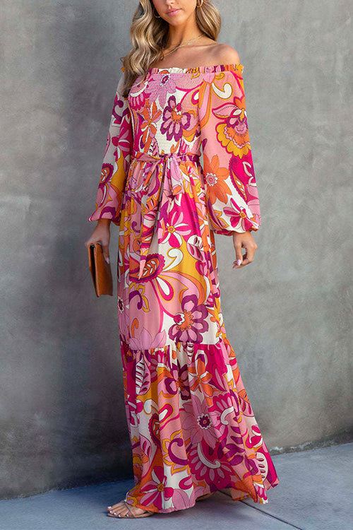 Mixiedress Frilled Off Shoulder Tie Waist Floral Maxi Vacation Dress