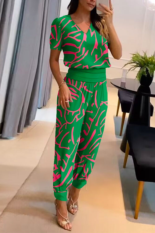 Mixiedress V Neck Short Sleeve Tunic Top High Waist Harem Joggers Printed Set