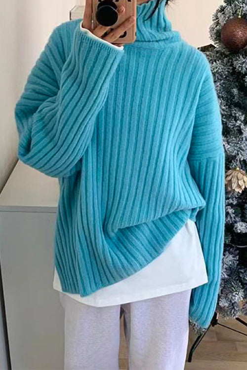 Mixiedress Solid Turtleneck Ribbed Knit Jumper Sweater