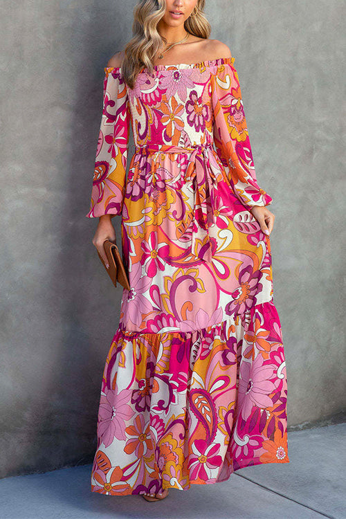 Mixiedress Frilled Off Shoulder Tie Waist Floral Maxi Vacation Dress