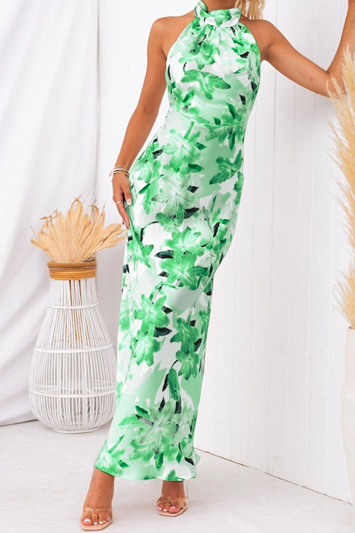 Mixiedress Tie Neck Backless Floral Printed Maxi Flowy Dress