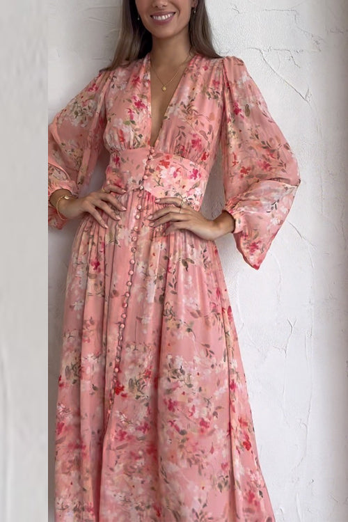 Mixiedress V Neck Button Up Waisted Floral Midi Swing Dress