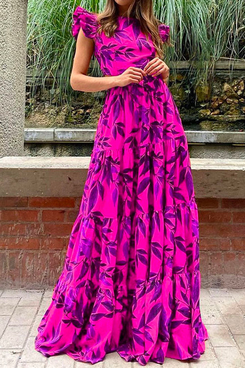 Mixiedress Flounce Sleeves Back Lace Up Printed Tiered Maxi Dress