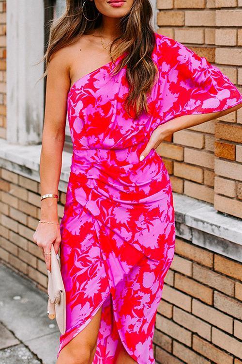Mixiedress Casual One Shoulder Printed Tulip Hem Dress