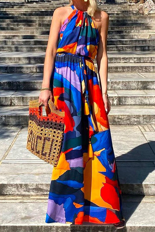 Mixiedress Halter Sleeveless Tie Waist Printed Swing Maxi Holiday Dress