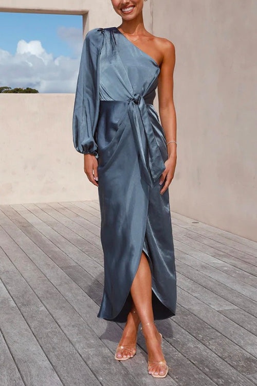 Mixiedress One Shoulder Tie Waist Satin Tulip Maxi Party Dress