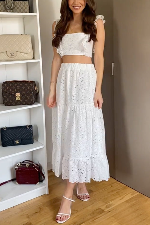 Mixiedress Elastic Waist Lace Hollow Out Ruffle Midi Skirt