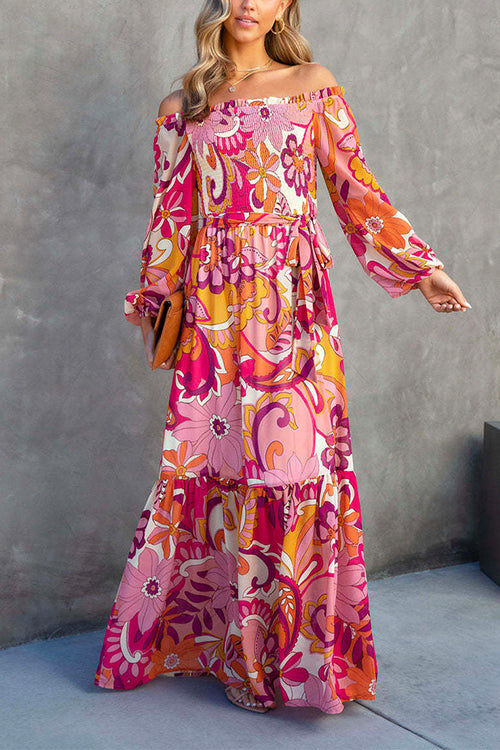 Mixiedress Frilled Off Shoulder Tie Waist Floral Maxi Vacation Dress