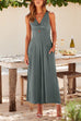 Mixiedress Ruched V Neck Cut Out Sleeveless Wide Leg Jumpsuit