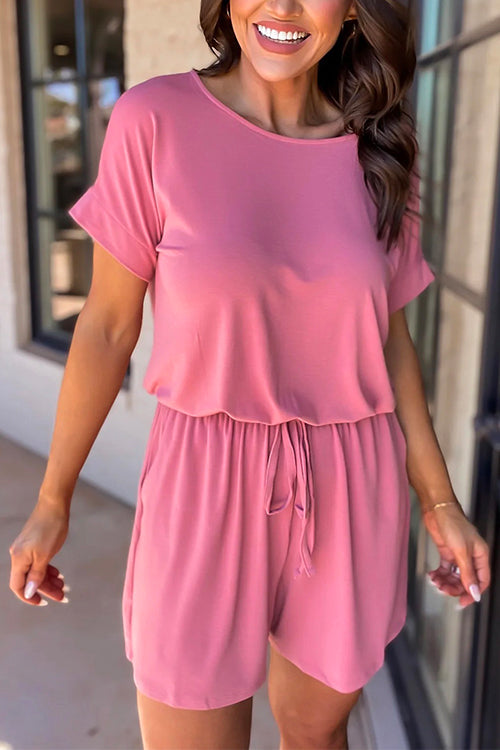 Short Sleeve Tie Waist Solid Summer Romper