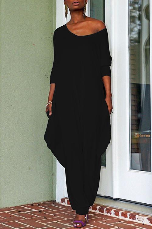 Mixiedress Solid Crewneck Long Sleeve Draped Jumpsuit