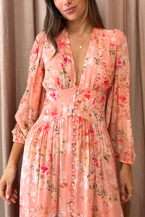 Mixiedress V Neck Button Up Waisted Floral Midi Swing Dress