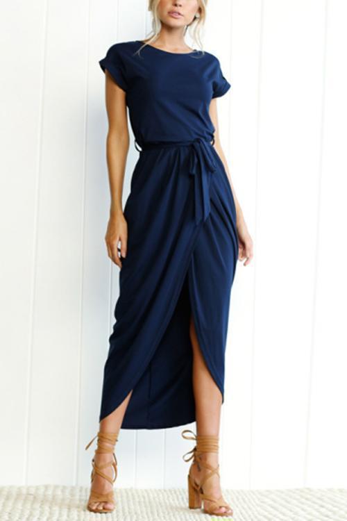 Mixiedress Casual Crewneck Tie Waist Slit Dress