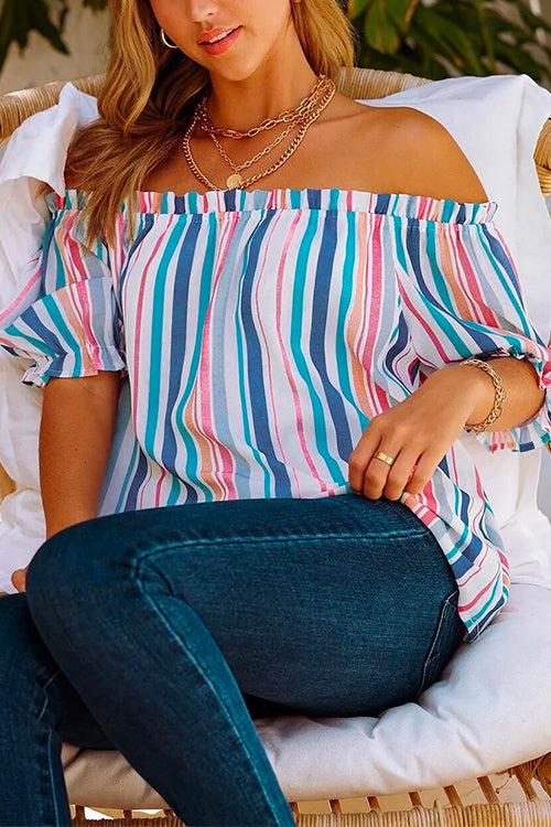 Mixiedress Color Block Stripes Off Shoulder Frilled Top