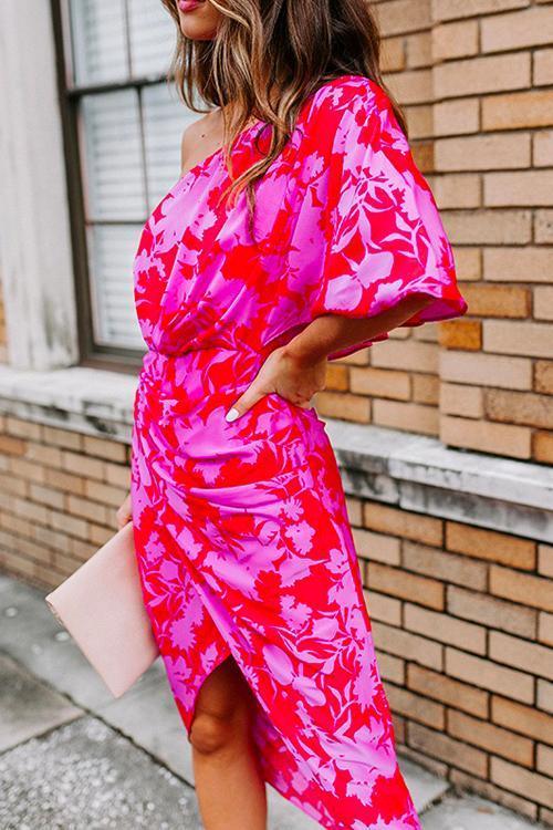 Mixiedress Casual One Shoulder Printed Tulip Hem Dress