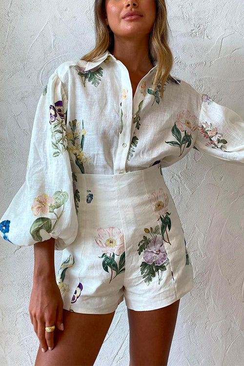 Floral Printed Balloon Long Sleeves Blouse Shirt High Waist Shorts Set