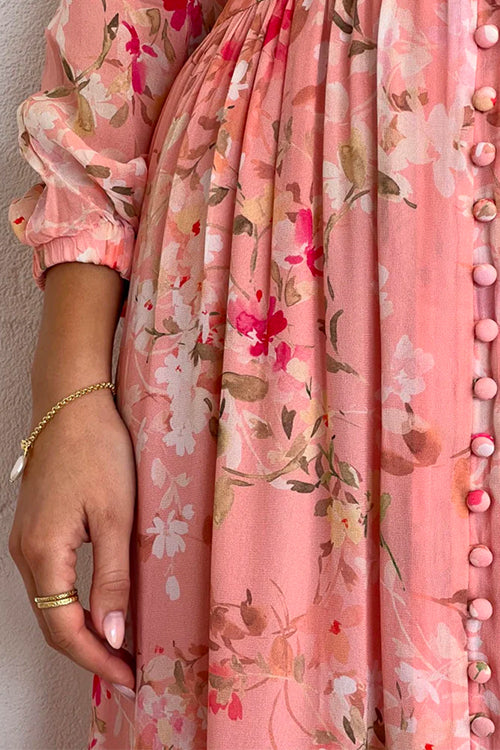 Mixiedress V Neck Button Up Waisted Floral Midi Swing Dress