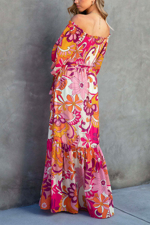 Mixiedress Frilled Off Shoulder Tie Waist Floral Maxi Vacation Dress