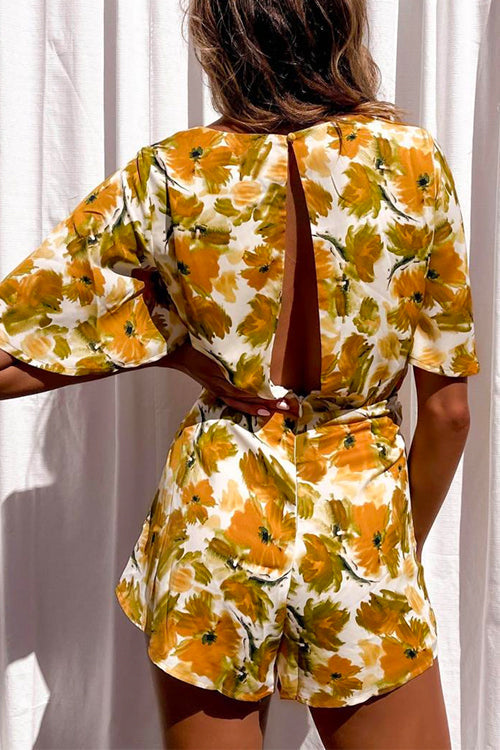Mixiedress V Neck Open Back Tie Waist Floral Wrap Romper