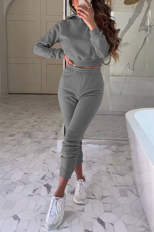 Mixiedress Long Sleeves Hoodied Crop Sweatshirt Elastic Waist Joggers Loungewear Set