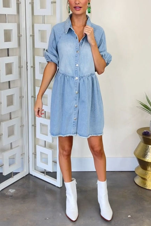 Mixiedress Half Sleeves Button Down A-line Denim Shirt Dress