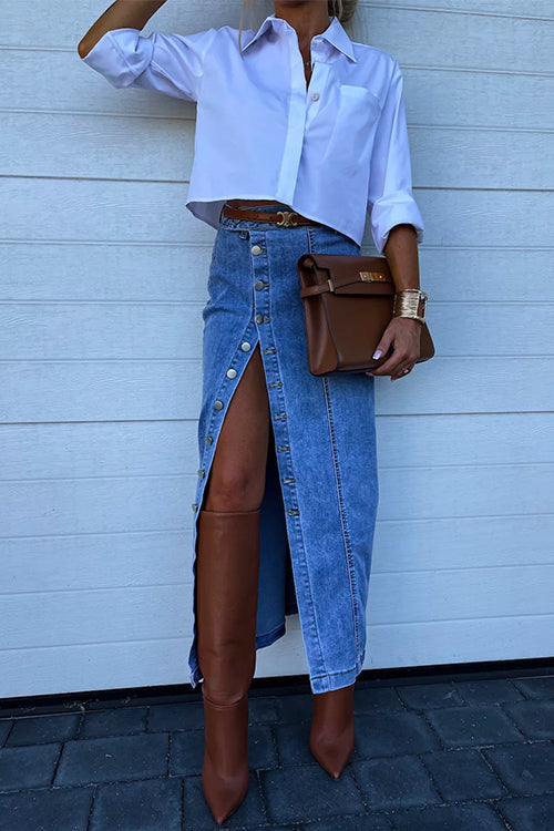 Mixiedress High Rise Button Down Slit Denim Skirt