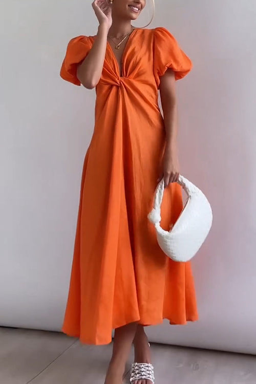 Mixiedress V Neck Twist Knot Front Puff Sleeves Cotton Linen Maxi Dress