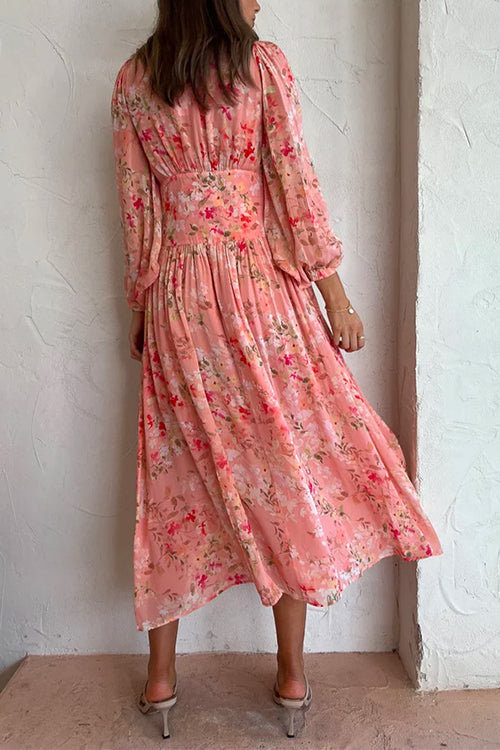 Mixiedress V Neck Button Up Waisted Floral Midi Swing Dress