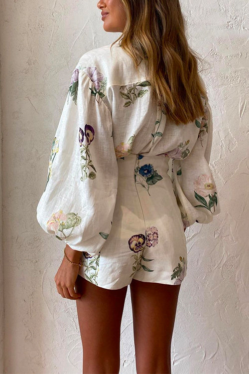 Floral Printed Balloon Long Sleeves Blouse Shirt High Waist Shorts Set
