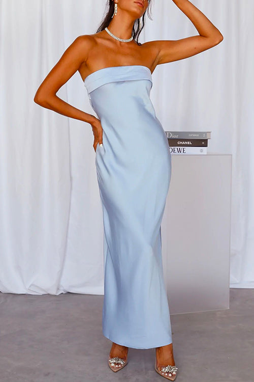 Mixiedress Backless Tube Top Solid Satin Maxi Party Dress