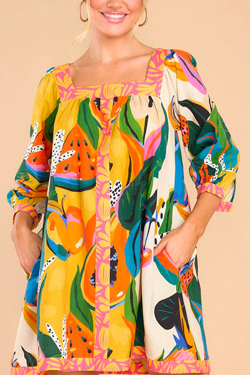 Mixiedress 3/4 Sleeves Tropic Print Cotton Linen Dress